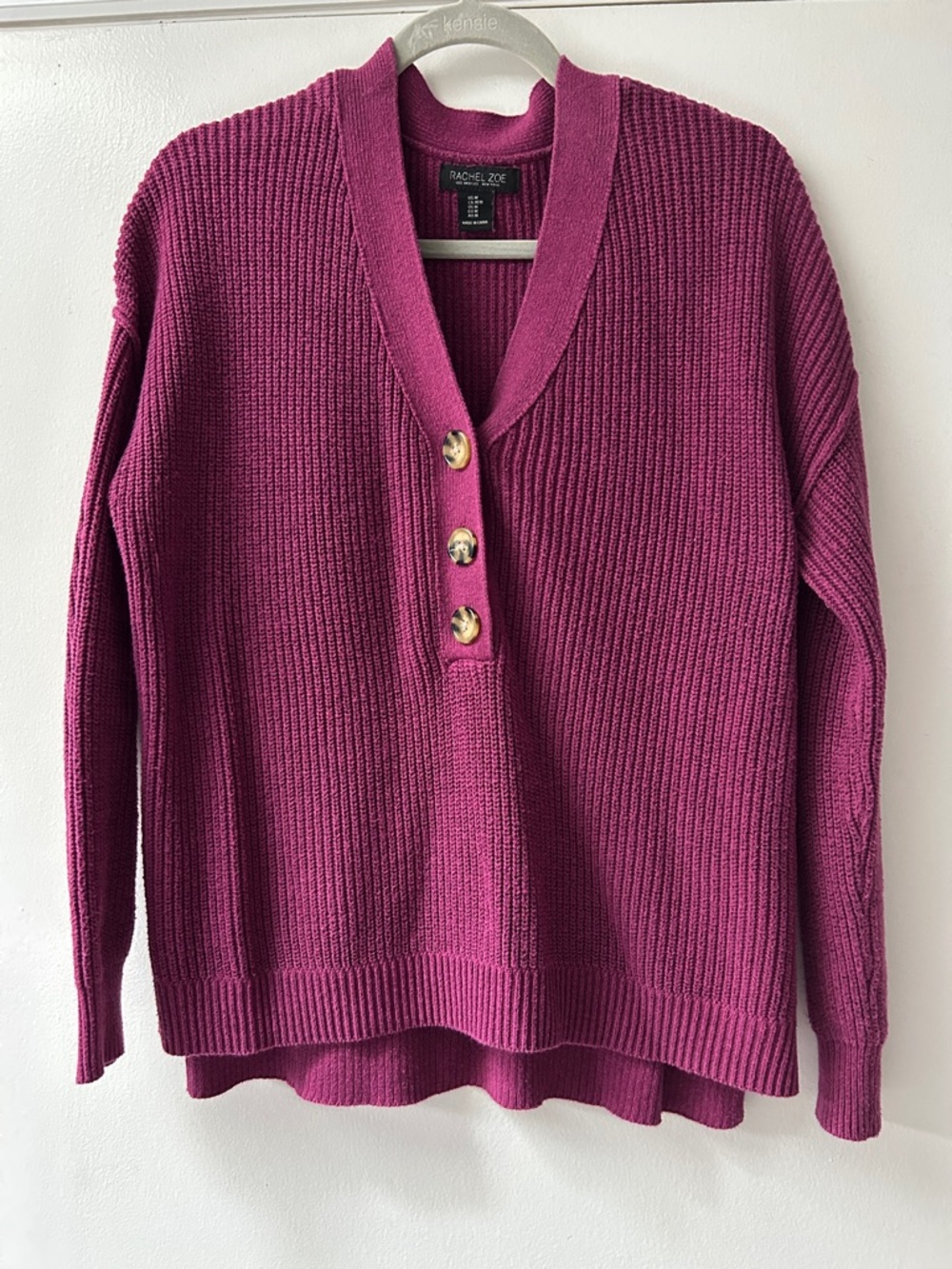 Rachel Zoe Magenta V-Neck Button-Trim Sweater